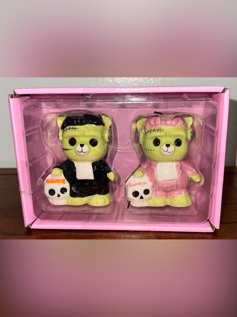 🥰 Halloween Frankenstein Teddy Bear Figurine Set of 2 Ceramic Salt & Pepper 🆕